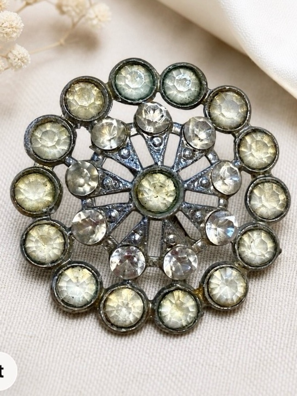 Vintage Rhinestone Sunburst Brooch Silver Tone Mid Century Round Pin Art Deco 2”
